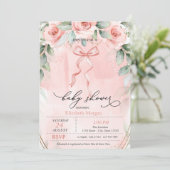 Pink Roses Bow Baby Dusche Einladung (Stehend Vorderseite)