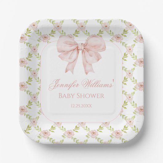 Pink Roses Bow Floral Sweet Baby Girl Dusche Pappteller (Vorderseite)