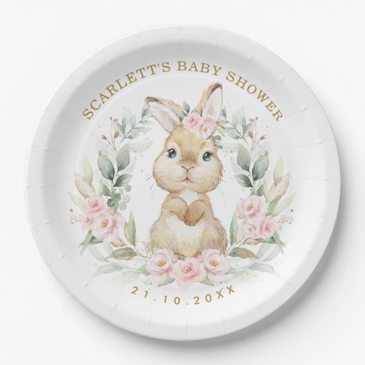 Pink Roses Bunny Easter Rabbit Girl Babydusche Pappteller (Vorderseite)