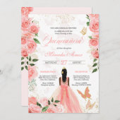 Pink Roses Butterfly Mariposa Quinceanera Einladung (Vorne/Hinten)