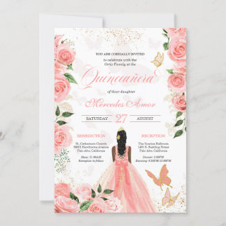 Pink Roses Butterfly Mariposa Quinceanera Einladung