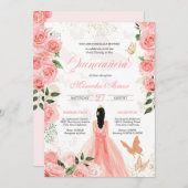 Pink Roses Butterfly Mariposa Quinceanera Floral Einladung (Vorne/Hinten)