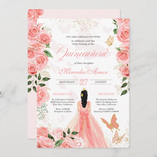 Pink Roses Butterfly Mariposa Quinceanera Floral Einladung (Vorne/Hinten)