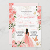 Pink Roses Butterfly Mariposa Quinceanera Floral Einladung (Vorne/Hinten)