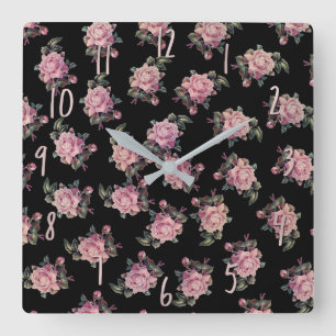Pink Roses Dark Floral Pattern Shabby Chic Quadratische Wanduhr