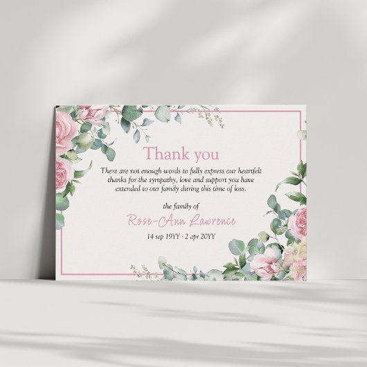 Pink roses eucalyptus leaves floral frame funeral dankeskarte