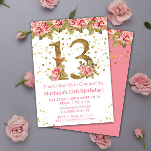 Pink Roses Floral 13. Geburtstagsparty Einladung