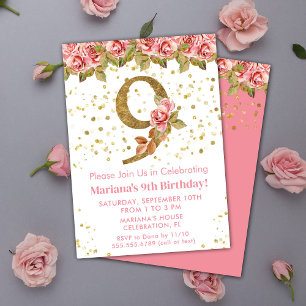 Pink Roses Floral 9. Geburtstagsparty Einladung