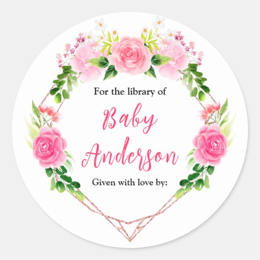 Pink Roses Floral Baby Shower Bookplate Runder Aufkleber (Vorderseite)