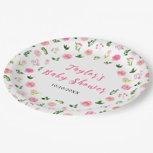 Pink Roses Floral Baby Shower Pappteller (Schrägansicht)