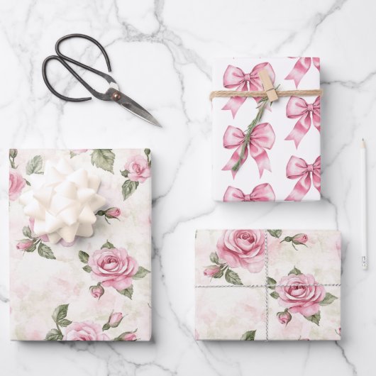 Pink Roses Floral Birthday Geschenkpapier Set (Vorderseite)