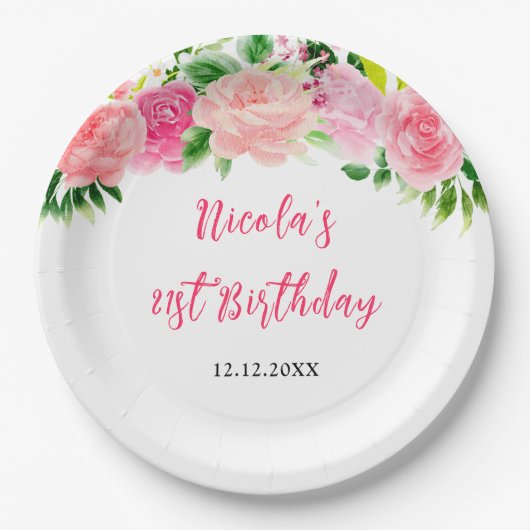 Pink Roses Floral Birthday Pappteller (Vorderseite)