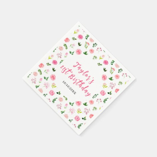 Pink Roses Floral Birthday Serviette (Ecke)