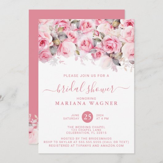Pink Roses Floral Bridal Shower Einladung (Vorne/Hinten)