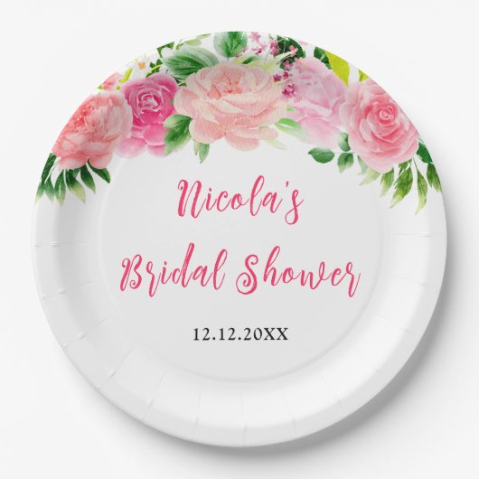 Pink Roses Floral Bridal Shower Pappteller (Vorderseite)