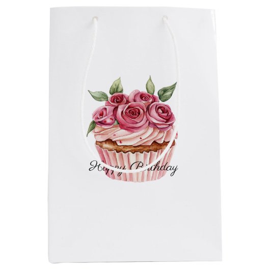 Pink Roses Floral Cupcakes Birthday Mittlere Geschenktüte (Vorderseite)