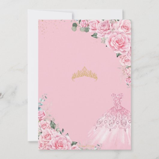 Pink Roses Floral Gold Princess Dress Sweet 16 Einladung (Rückseite)