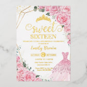 Pink Roses Floral Gold Princess Dress Sweet 16 Folieneinladung (Vorderseite)