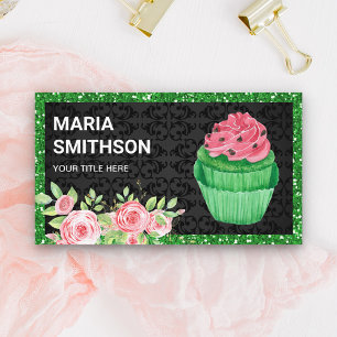 Pink Roses Floral Grüner Samt-Cupcake-Bäckerei Visitenkarte