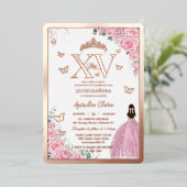 Pink Roses Floral Quinceanera Mis XV Rose Gold Folieneinladung (Stehend vorne)