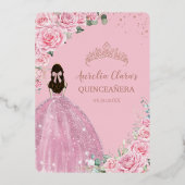 Pink Roses Floral Quinceanera Mis XV Rose Gold Folieneinladung (Rückseite)