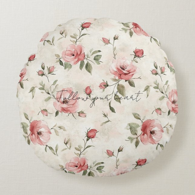 Pink Roses Floral  Rundes Kissen (Vorderseite)