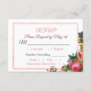 PInk Roses Floral Striped Wedding RSVP Karte