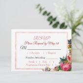 PInk Roses Floral Striped Wedding RSVP Karte (Stehend Vorderseite)