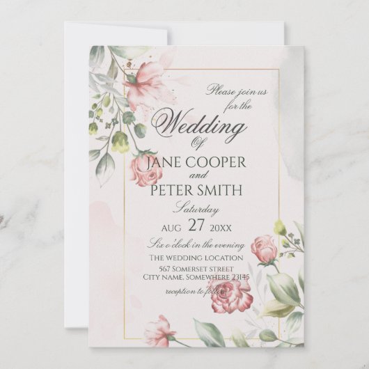 Pink Roses floral Wedding Invitation Einladung (Vorderseite)