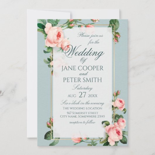 Pink roses floral Wedding Invitation Einladung (Vorderseite)