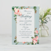 Pink roses floral Wedding Invitation Einladung (Stehend Vorderseite)