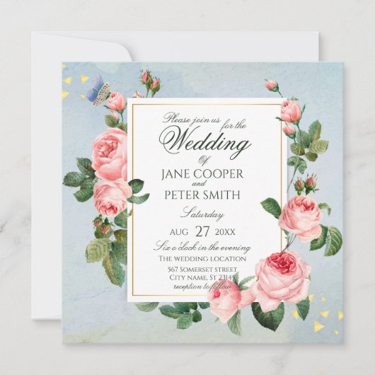 Pink Roses floral Wedding Invitation Einladung (Vorderseite)