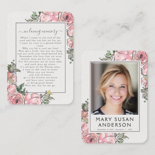 Pink Roses Foto Beerdigung Gedenkkarte Visitenkarte (Vorne/Hinten)
