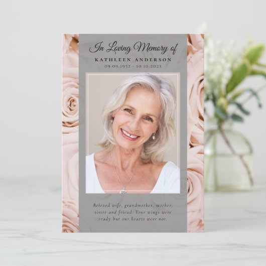 Pink Roses Foto Memorandum Service Program Einladung (Stehend Vorderseite)