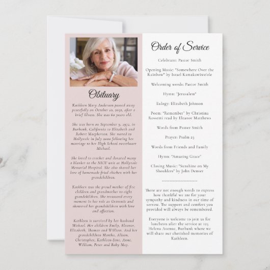 Pink Roses Foto Memorandum Service Program Einladung (Rückseite)