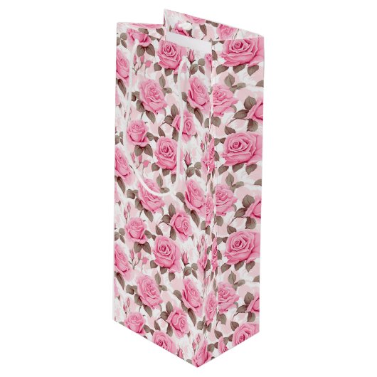 Pink Roses Geschenktasche Geschenktüte Für Weinflaschen (Vorderseite Schrägansicht)