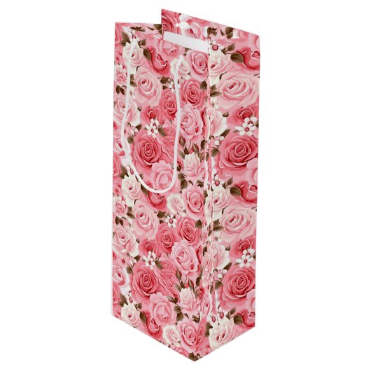 Pink Roses Geschenktasche Geschenktüte Für Weinflaschen (Vorderseite Schrägansicht)