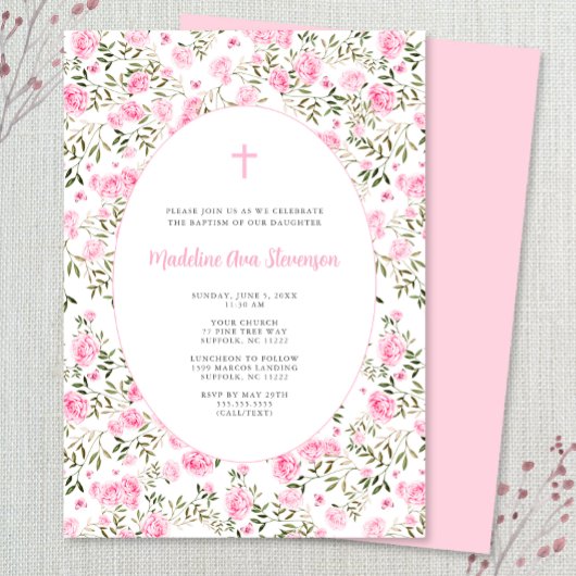 Pink Roses Grandmillenial girl baptism invitation Einladung