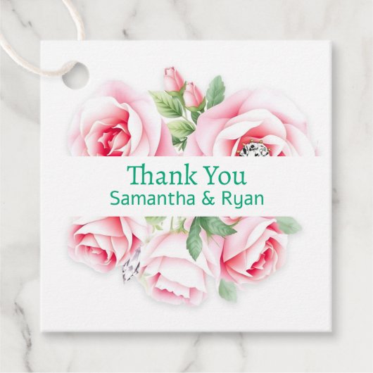 Pink Roses & Green Foliage Hochzeit Vielen Dank Geschenkanhänger (Vorderseite)