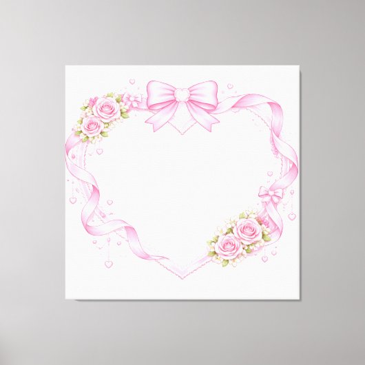 Pink Roses Heart Frame Bow Ribbon Floral Border Leinwanddruck (Vorderseite)