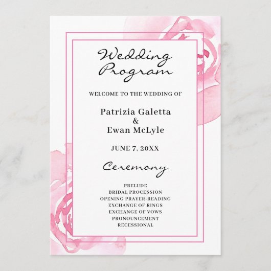 Pink Roses Hochzeitsprogramm Programm (Vorderseite)