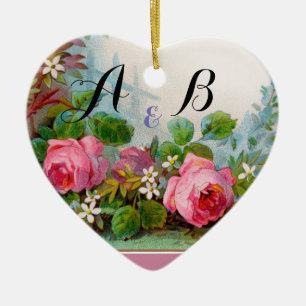 PINK ROSES & JASMINES MONOGRAM Wedding Souvenir Keramik Ornament