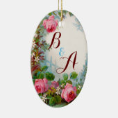 PINK ROSES & JASMINES MONOGRAM Wedding Souvenir Keramikornament (Rechts)