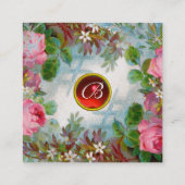 PINK ROSES, JASMINES RED GEM MONOGRAM Luxury White Quadratische Visitenkarte (Rückseite)