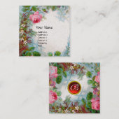 PINK ROSES, JASMINES RED GEM MONOGRAM Luxury White Quadratische Visitenkarte (Vorne/Hinten)