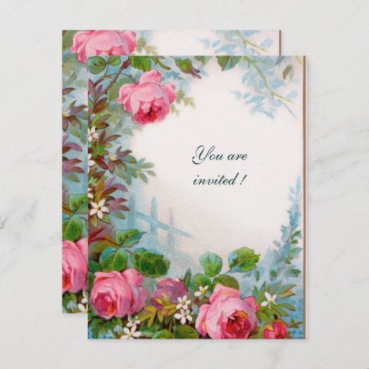 PINK ROSES & JASMINES, weißer Champagner, metallis Einladung (Vorne/Hinten)