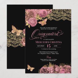 Pink Roses & Lace Glamour Butterfly Quinceañera Einladung