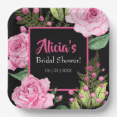 Pink Roses on Black Bridal Shower Pappteller (Vorderseite)