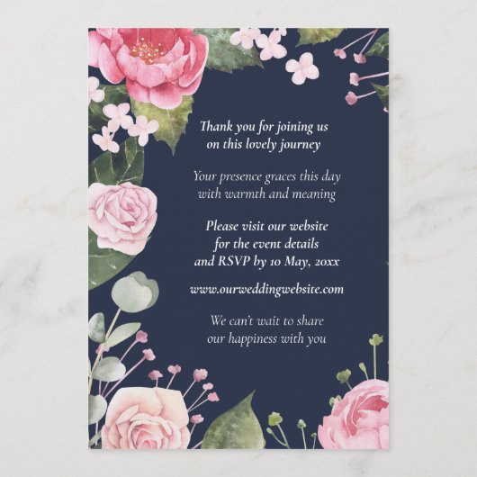 Pink Roses on Blue Customizable Wedding Invitation Einladung (Rückseite)