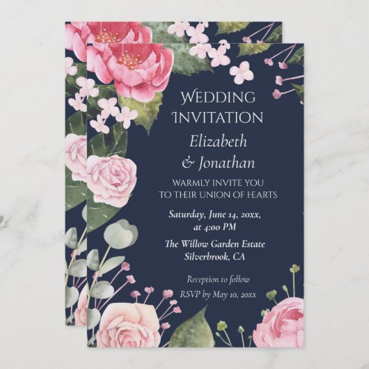 Pink Roses on Blue Customizable Wedding Invitation Einladung (Vorne/Hinten)